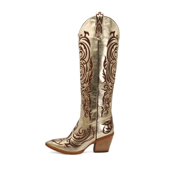 Texas Gold Women's Size 7 Gold Embroidered Knee High Block Heel Western Boots - Picture 4 of 16